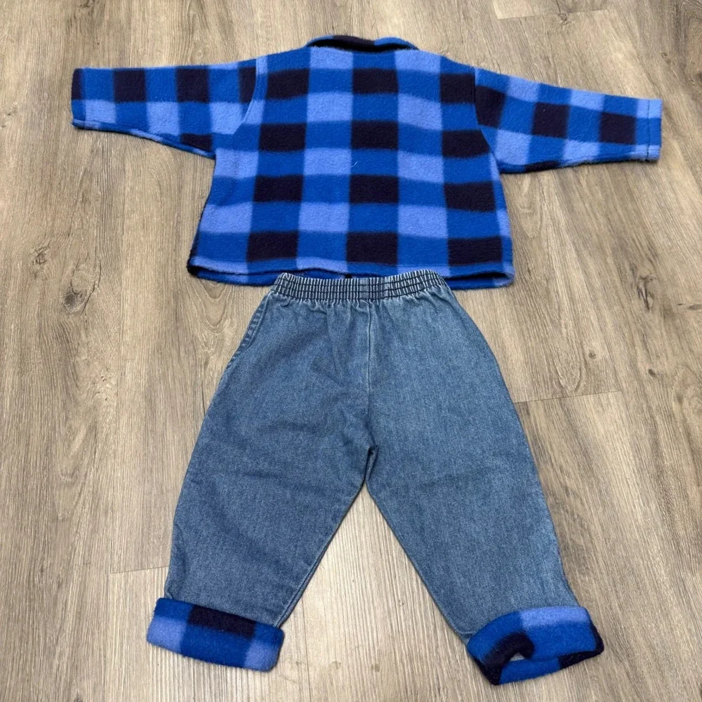 Vintage Sasson Baby Blue Buffalo Plaid Fleece Jacket & Denim Pants Set 12 Months